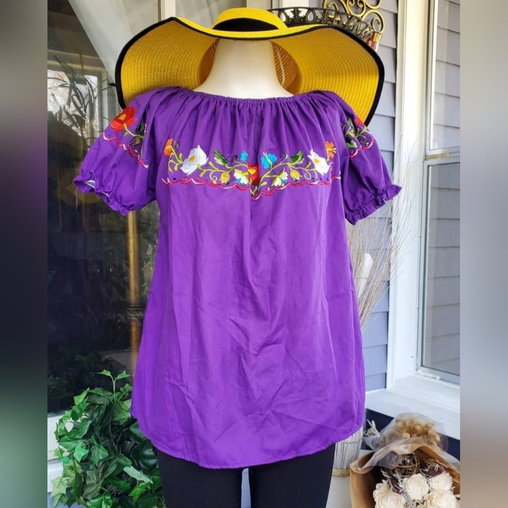VTG 80's Hecho In Mexico Purple Floral Embroidered Pleated Puff Shoulder Blouse